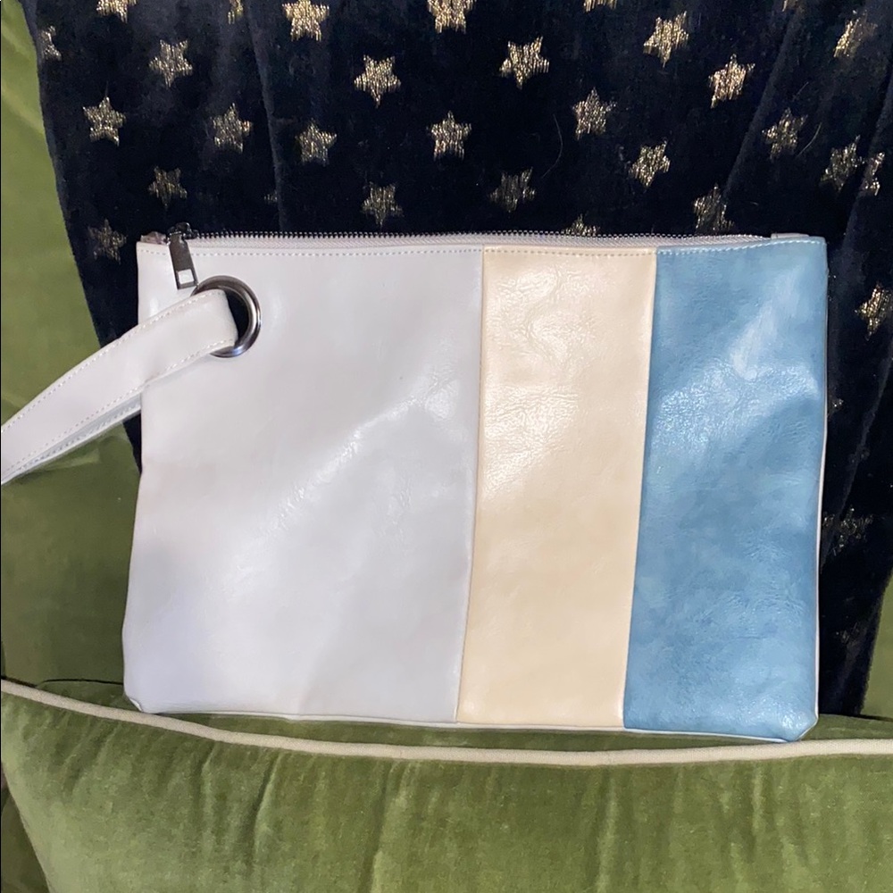 Stylish Grey, Cream, and Blue Tri-color Women's Clutch- NWOT